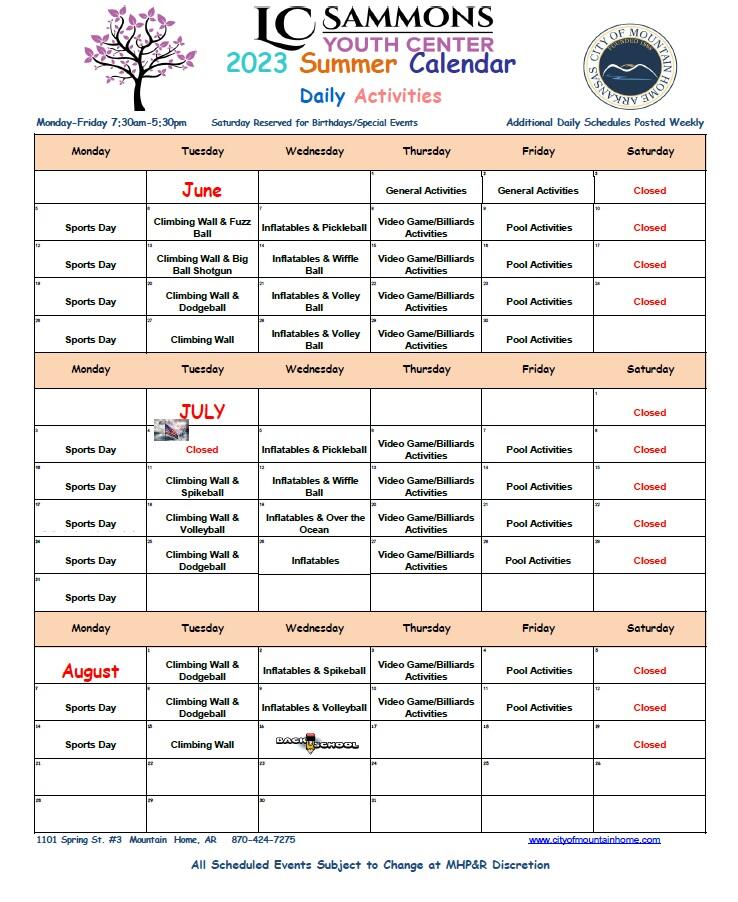 Summer Calendar Daily Activities 2023