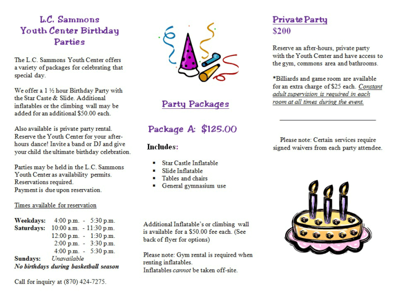 L.C. Sammons Youth Center Birthday Party packages